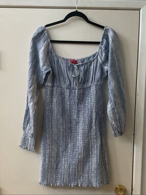 Guess Blue and White Striped Smocked Mini Dress
